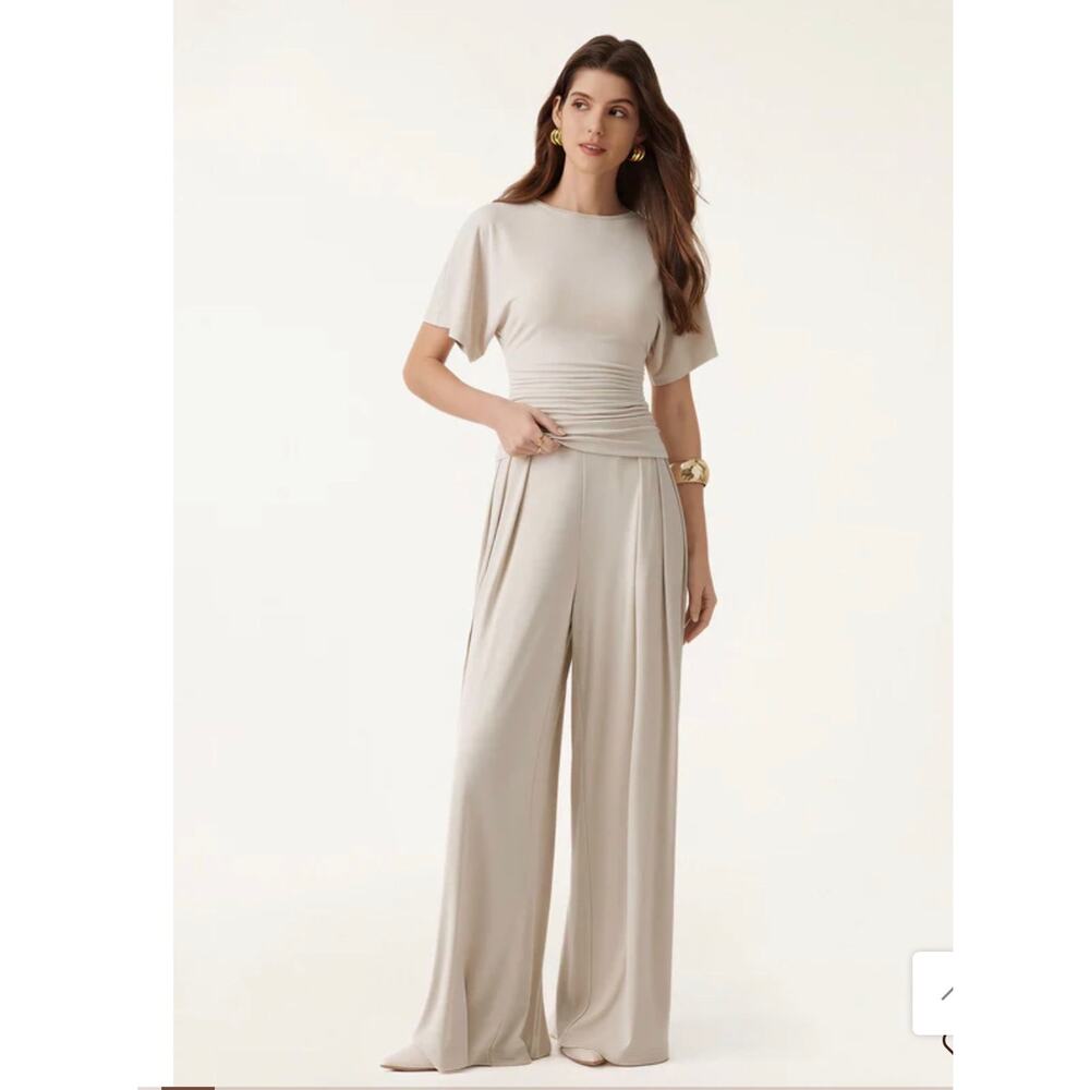 OGL Women's Small 2 Piece Set YELLOW Boatneck Top Wide Leg Palazzo Pants